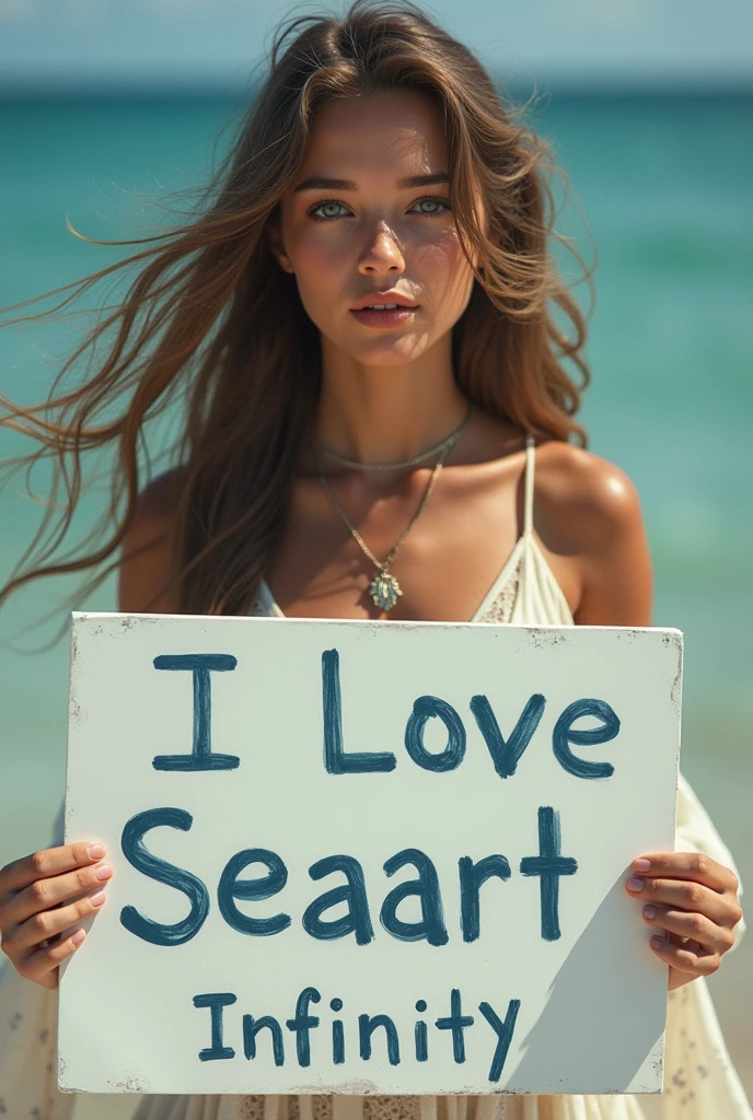 Beautiful girl with wavy long hair, bohemian dress, holding a white board with text "I Love Seaart Infinity" and showing it to the viewer
