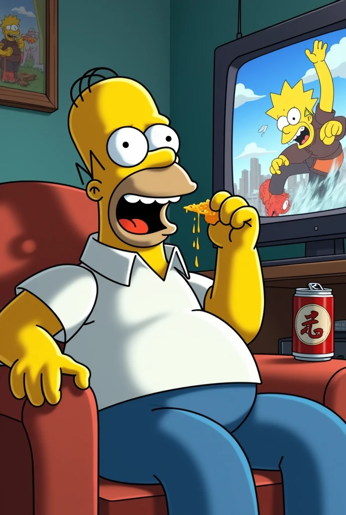 Homer Simpsons eating grated cheese and drinking beer sitting on the sofa, watching naruto