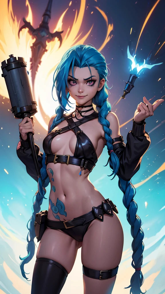 jinx, arcane, jinx personaje de League of Legends, long neon blue hair in braids, Perfect small breasts, scantily clad, underwear, Sex Woman, perfect hands, double hair braids, Braided hair, Minipistola, Juxtaposition of light& shadow, moody, intense, feroz, cinematic lighting, rake light, Long luminous shadows, high quality, smiling while holding a shark-shaped rocket launcher, anime style face, perfect body,
