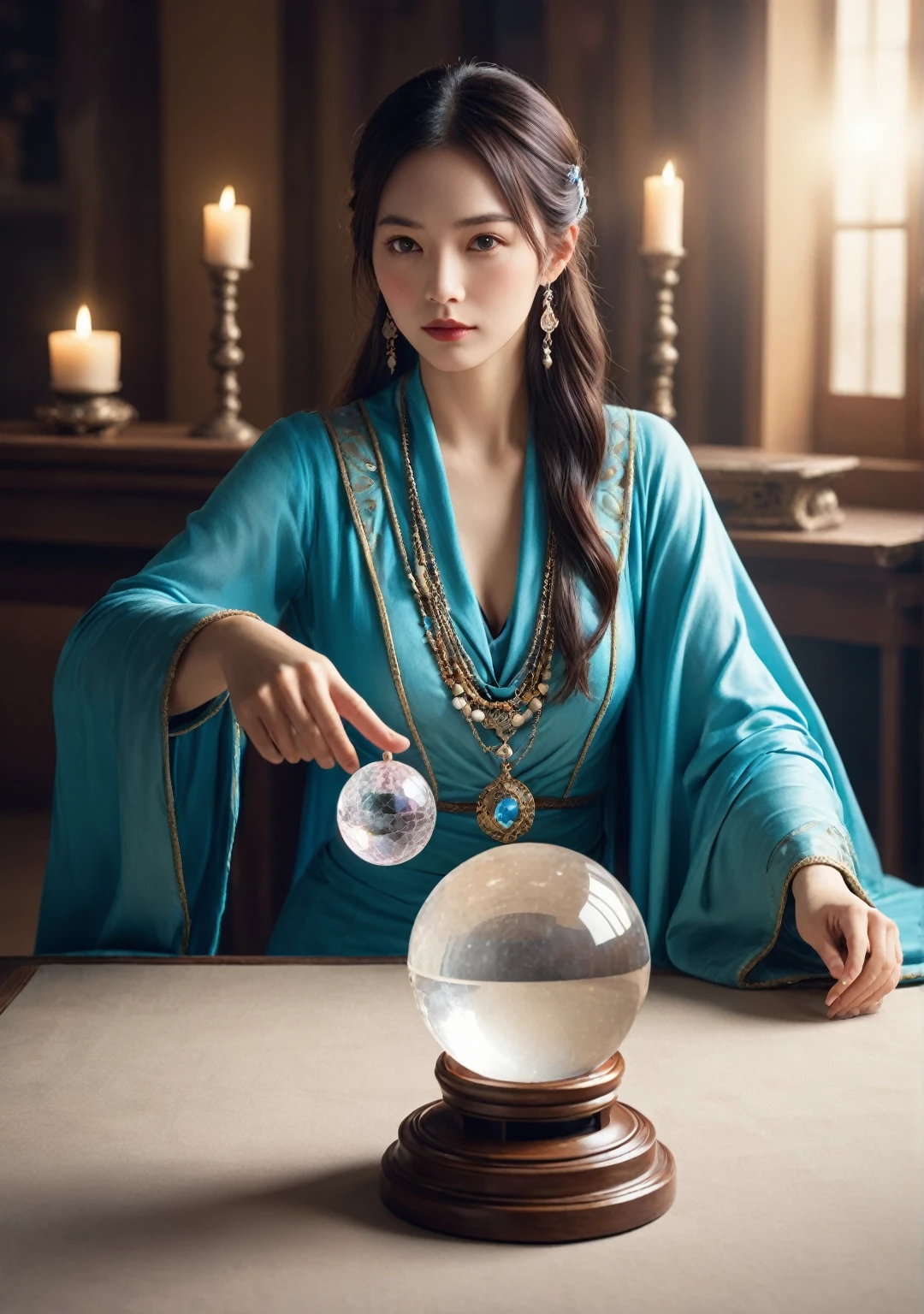 Face direction: front.Female fortune teller. Charm, Beautiful and mysterious. She is wearing a blue cape、It has distinctive features. The atmosphere is bright and shining, Filled with anxiety and anticipation. The fortune teller is standing there. Body facing forward. He is looking at you. He has a crystal ball in his right hand.. The lighting in the room is bright, casting a magical ambiance. Best image quality, 4K or 8K resolution. The level of detail is very fine、It&#39;s real, Close to photorealism. Artistic style is、It should reflect the official aesthetic with bright colors and strong contrast.. The color palette should emphasize the mysterious and mystical theme of the piece.. The fortune teller&#39;s cloak is decorated with a 1:1 metal trim..5. Complex Design. The overall atmosphere is magical, Like a starry sky. The fortune teller&#39;s facial expression should arouse mystical interest..