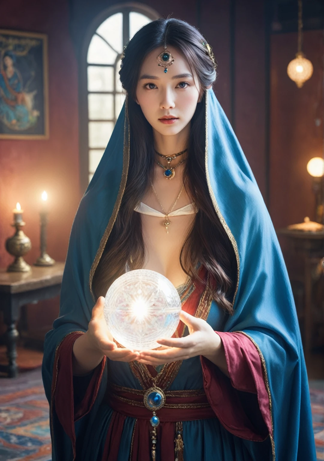 Face direction: front.Female fortune teller. Charm, Beautiful and mysterious. She is wearing a blue cape、It has distinctive features. The atmosphere is bright and shining, Filled with anxiety and anticipation. The fortune teller is standing there. Body facing forward. He is looking at you. He has a crystal ball in his right hand.. The lighting in the room is bright, casting a magical ambiance. Best image quality, 4K or 8K resolution. The level of detail is very fine、It's real, Close to photorealism. Artistic style is、It should reflect the official aesthetic with bright colors and strong contrast.. The color palette should emphasize the mysterious and mystical theme of the piece.. The fortune teller's cloak is decorated with a 1:1 metal trim..5. Complex Design. The overall atmosphere is magical, Like a starry sky. The fortune teller's facial expression should arouse mystical interest..