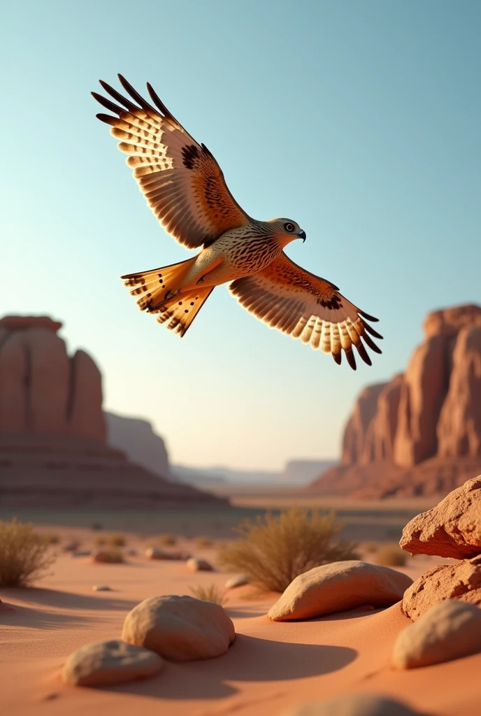 Desert rocks,A hawk flying in the sky,Inverted Image,Sharp focus,Bokeh,Depth of written boundary,Masterpieces,Ultra-fine,Ultra-realistic,8k,Best image quality,Detailed Description