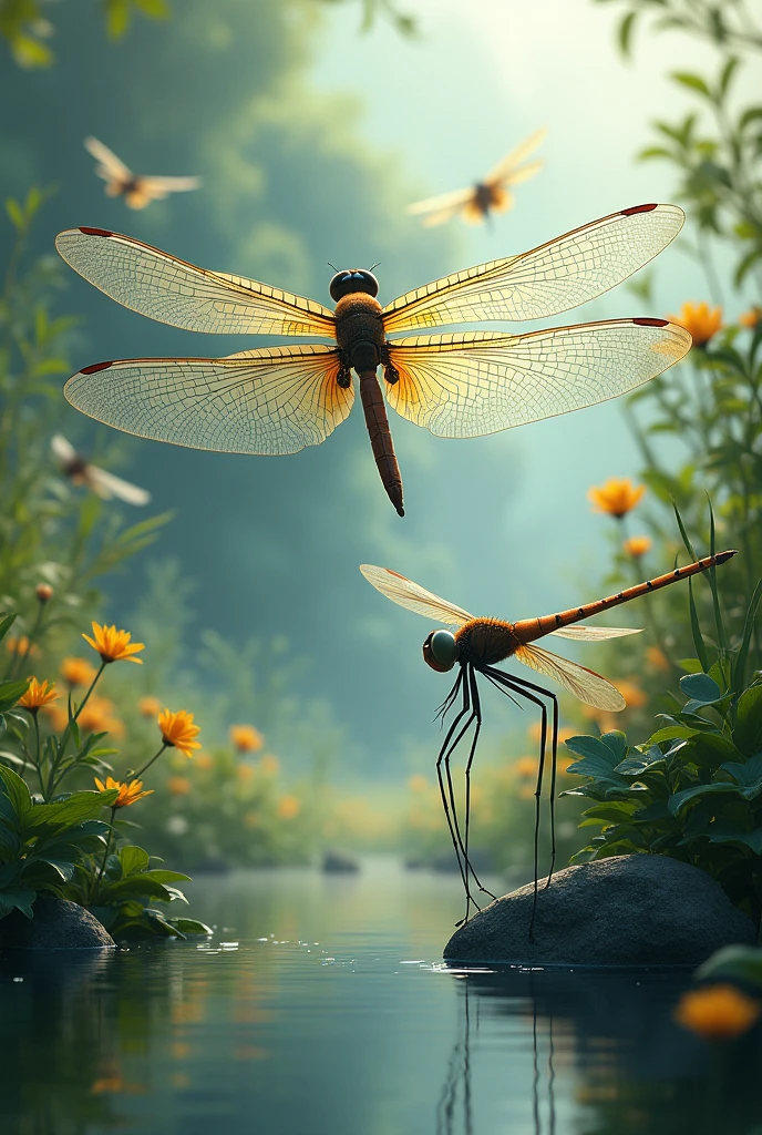 A landscape with dragonflies. The dragonflies are perched nearby and appear large.