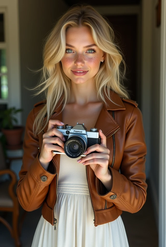Blonde woman, with green eyes, white skin and beautifully decorated with freckles, an athletic and slender and perfect figure, of average height, with a small smile while taking a photo with a vintage camera, casual long white dress, leather jackets and boots, background of a house 