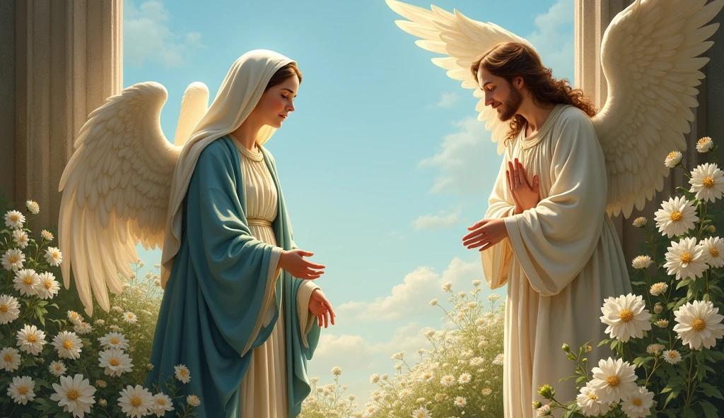 A classic painting of the Annunciation, with Maria in a serene environment, surrounded by white flowers and soft light. An angel stands before you, transmitting the divine message. The background is a clear blue sky, reflecting peace and hope.