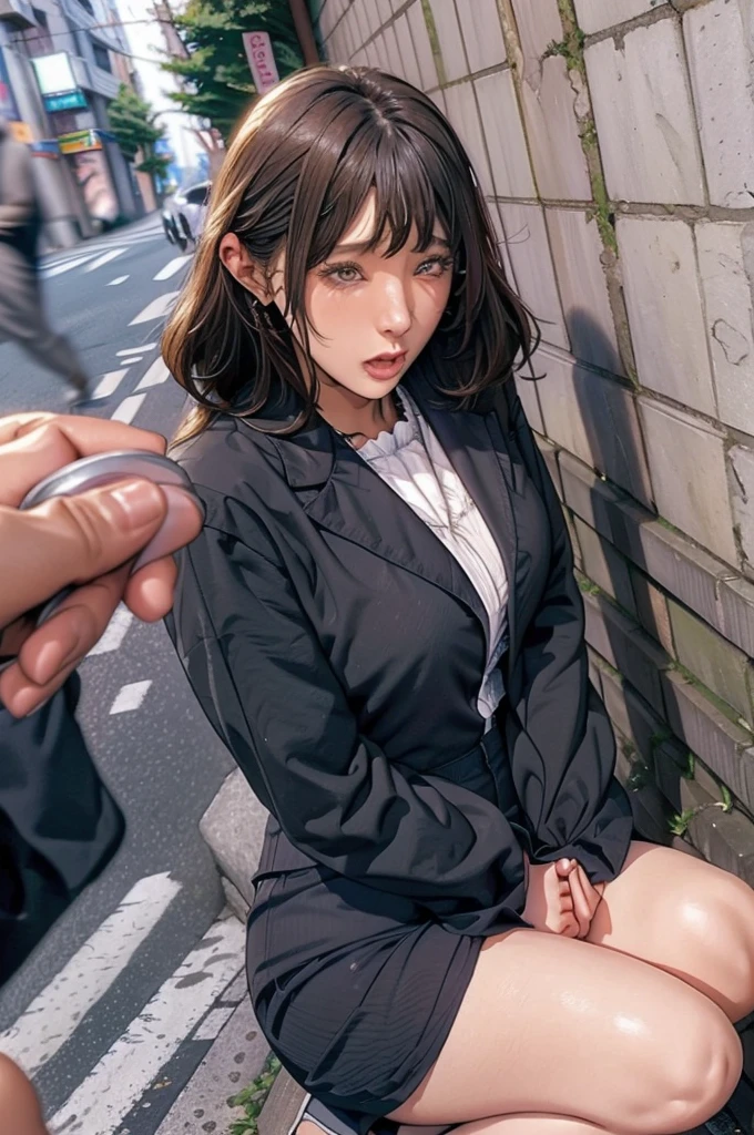 /quality
(masterpiece,best quality,High resolution,高quality,Realistic)

/Hairstyle
(Curly Hair)

/Clothes
(Pencil Skirt,Job interview suit,Black jacket,Torn pantyhose:1.5,Earrings)

/Pose Crouching,sit
Leaning against a wall,
(Spread your legs:1.5),

(Ahegao,orgasm,vapor:1.5,Wish:1.5),

/Other Crowds:1.5,Fair skin,Feet Focus,Leaning against a wall,male,hand of:1.5,night, roadside,ID card,