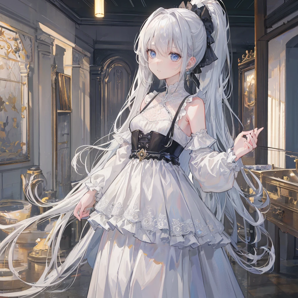 (best quality, masterpiece:1.2), Ultra-high resolution, Practical, forward lighting, Intricate details, Exquisite details and textures, 1 Girl, Solitary ,(young), Facial highlights, Upper Body, Delicate face, Tear mole, White skin, Silver Hair, Ponytail, Braided hair, Looking at the audience, big eyes, silk robe, (Hollow pattern, White, silk), earrings, Small Breasts, slim, VIP room, Professional lighting, Photon Mapping, Radiosity, Physically Based Rendering,