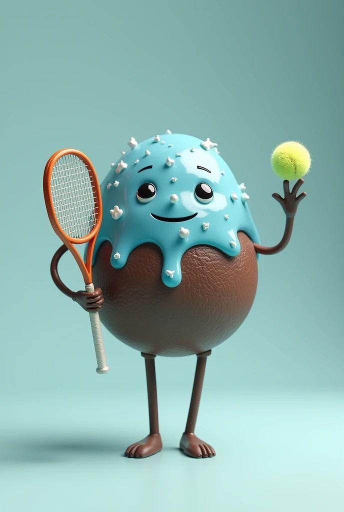 A brigadeiro with a blue mold with legs and arms holding a tennis racket