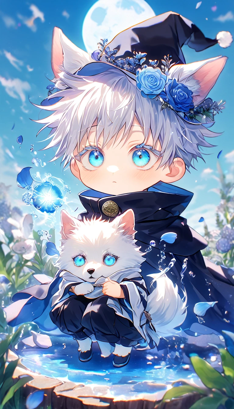 absurdres, highres, ultra detailed, HDR, master piece, Gojou Satoru as chibi, white hair with bangs, white eyelashes, expressive blue eyes, boy hugging a small wolf, white dog, expressive blue eyes, Jujutsu Kaisen, magical hat, cute, best quality, blue moon, flowers, fantasy, magical, solo, water, blue shining fireflies, blue petals, cape, the word "Krozseria" is written on his shirt,