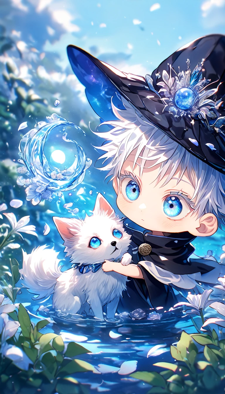 absurdres, highres, ultra detailed, HDR, master piece, Gojou Satoru as chibi, white hair with bangs, white eyelashes, expressive blue eyes, boy hugging a small wolf, white dog, expressive blue eyes, Jujutsu Kaisen, magical hat, cute, best quality, blue moon, flowers, fantasy, magical, solo, water, blue shining fireflies, blue petals, cape, the word "Krozseria" is written on his shirt,