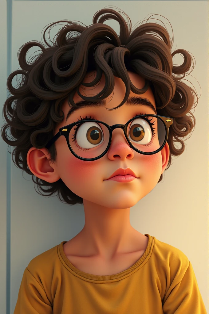 Boy with light brown eyes, long curly hair and glasses, tanned skin