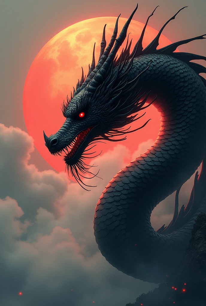 black chinese dragon.red eye.solemn.
fly sky.wings.oriental.long.so dark.