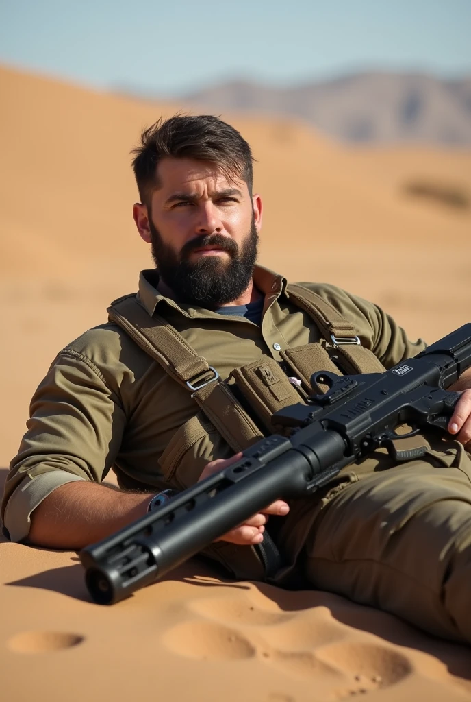 A bearded male soldier in uniform lies in the desert、Put a gun next to you、Tweeting something。