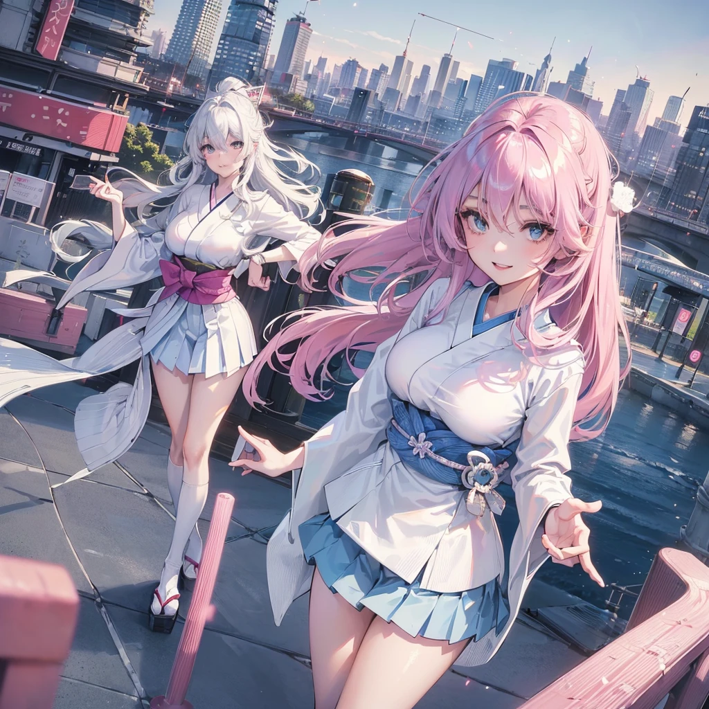 Platinum pink hair, masterpiece, Sharp focus, (Beautiful, gorgeous and cute Japanese women:1.3), (Beautiful and cute Japanese:1.3), The Beauty of Japan, Delicate and beautiful hair, eyes and face, Realistic, Super detailed, beautiful girl, blue sky, Glowing White Particles, (Side light:1.2), Light of the sun, White cloud, Detailed Clouds, thin, Very big breasts and very big hips, Smiling with teeth showing, ((Smile with your eyes, Open both eyes)), scenery, Straight long hair, Sexy look, building, (Cityscape:1.7), Dynamic Hair, Straight long hair, Platinum pink hairの詳細, Blue eyes glow, (Blue pleated shirt + White Skirt), White long socks, Pale skin, hair ornaments, epic scenery,