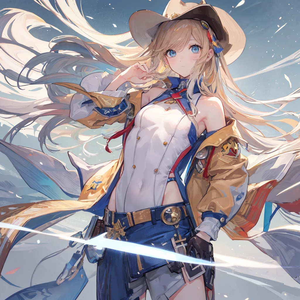 1 girl, masterpiece, Macross Delta Inkjet Art, best quality, White vest, diaphragm, Short blue jeans, Small Breasts, Cowboy hat, Holster on hip, Very detailed gun, realistic gun, Colt Peace, Aim the gun forward, Sheriff Badge, Bullets on the belt, Brown leather duster, Leather coat, Delicate eyes, Bright Eyes, Beautiful hands, Highly delicate hands, Straighten your hands, Glowing skin, Shiny hair, blue eyes, Light Blonde Hair, High target, Long hair, Straight Hair, whole body, American flag