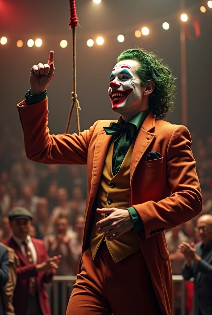 Circus and fun, lots of games, clowns playing, artists on the trapeze, thanking and happy, people applauding, inside the circus,Joker performs, best quality, work of art, very aesthetic, perfect composition, intricate details, Ultra-detailed