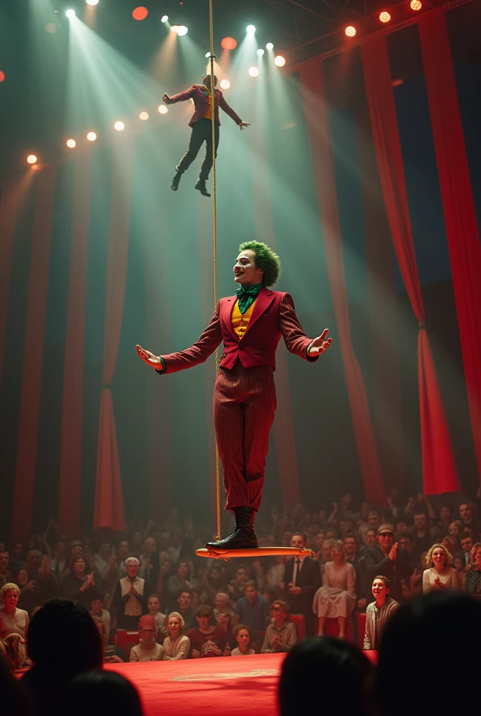 Circus and fun, lots of games, clowns playing, artists on the trapeze, thanking and happy, people applauding, inside the circus,Joker performs, best quality, work of art, very aesthetic, perfect composition, intricate details, Ultra-detailed