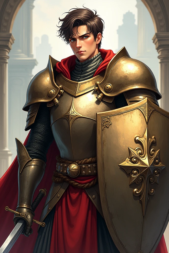 Anime 25 years old male paladin with a determined expression, wearing detailed holly armor and brandishing a sword in a hand and a large shield in the other, the armor its heavy and he have a helmet