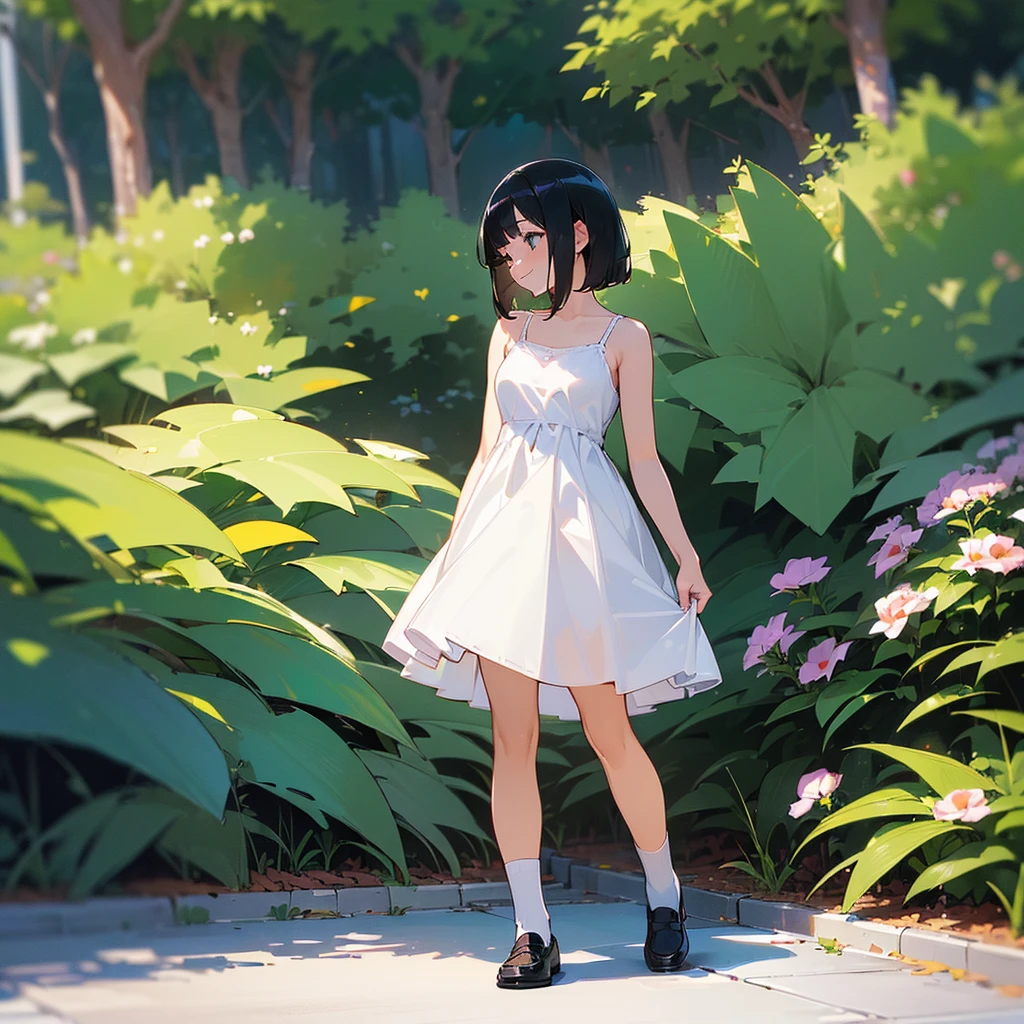 (high quality, High resolution, Very detailed, reality:1.37), Peaceful atmosphere, (Outdoor, garden), Teenage girl standing alone, (my breasts are big.), Beautiful details, Cute Smile, (Black bob hair), White camisole dress, White socks, loafers.