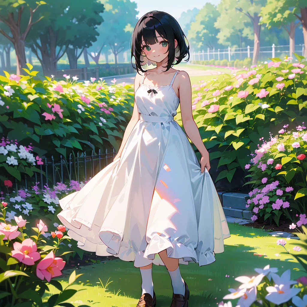 (high quality, High resolution, Very detailed, reality:1.37), Peaceful atmosphere, (Outdoor, garden), Teenage girl standing alone, (my breasts are big.), Beautiful details, Cute Smile, (Black bob hair), White camisole dress, White socks, loafers.