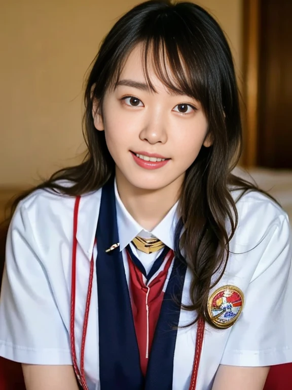 (Masterpiece, Best quality: 1.2), (Ultra realistic, Photo-realistic: 1.2), Japanese high school uniform, (Sailor suit, White short-sleeve suit, Darknavy collar, Darknavy skirt, Red necktie:1.1), Natural light, 25 years old school girls, Japanese women, Neat and clean, School, (ponytail:1.2), Light brown hair color, (Beautiful Face), Oval face, clear, (Beautiful eyes, Kind eyes), (Clear skin), Small face, (Small mouth, Beautiful mouth), Natural makeup, Approachable, Luxury hotel Suite room, On bed, Seductive smile, (Seductive pose:1.2), (Beautiful thighs:1.2), Bedroom eyes,