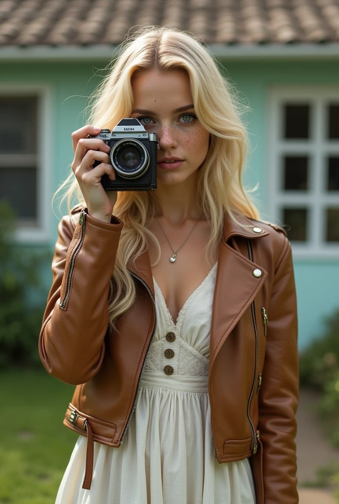 Blonde woman, with green eyes, white skin and beautifully decorated with freckles, an athletic and slender and perfect figure, of average height, with a small smile while taking a photo with a vintage camera, casual long white dress, leather jackets and boots, background of a house 