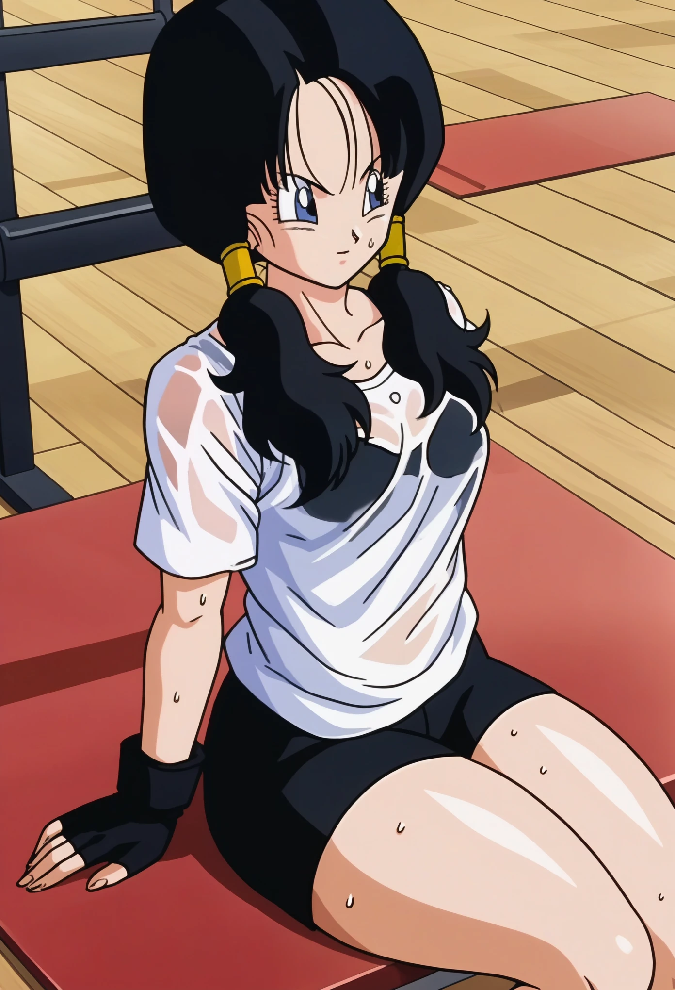 source_anime, score_9, score_8_up, score_7_up, anime screencap, 90s style,
videldbz, 1girl, solo, long hair, blue eyes, black hair, ponytails, (black bra), thick thighs, white shirt, contryside, fingerless gloves, black shorts, ((sweat)), (((gym))), wet t shirt