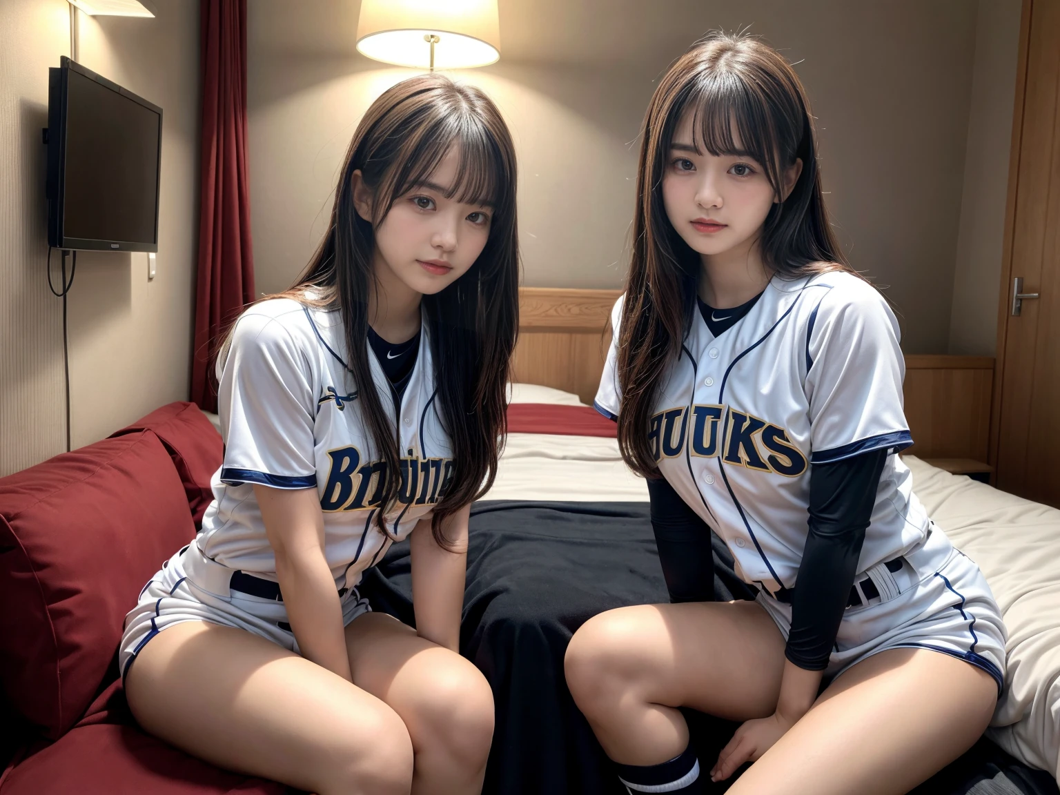 masterpiece, best quality, illustration, Super detailed, fine details, High resolution, 8K,wall paper, perfect dynamic composition,(Details High quality, realistic depiction of eyes:1.3), (2 girls), ((Baseball Uniforms), a miniskirt, Toned buttocks), sitting, open legs, short bob hair, in a hotel room in the background, deep on field, large breasts, black hair color, Big Natural Color Lip, (perfect body shape), crying a little、Harajuku style、20 year old girl、cute type、beautiful legs, Gravure Idol