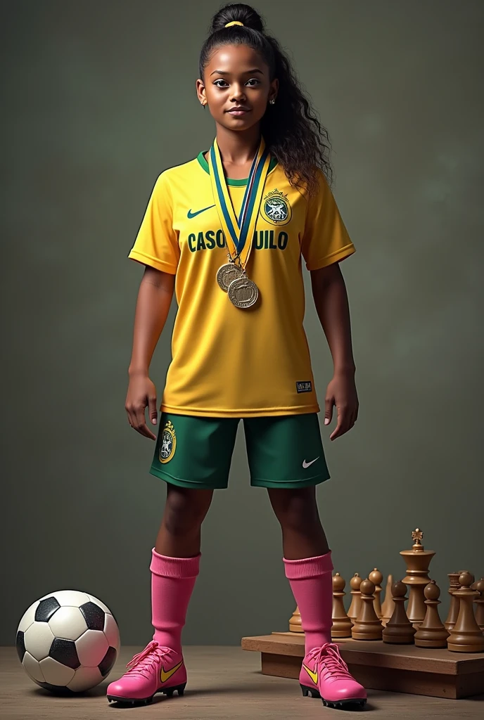 a brown woman, wavy hair tied up, one meter and 60, more or less 65 kg, short 7, shirt 7, Sao Paulo FC midfielder, pink boot, with a soccer ball, a chessboard and many first place medals around his neck 