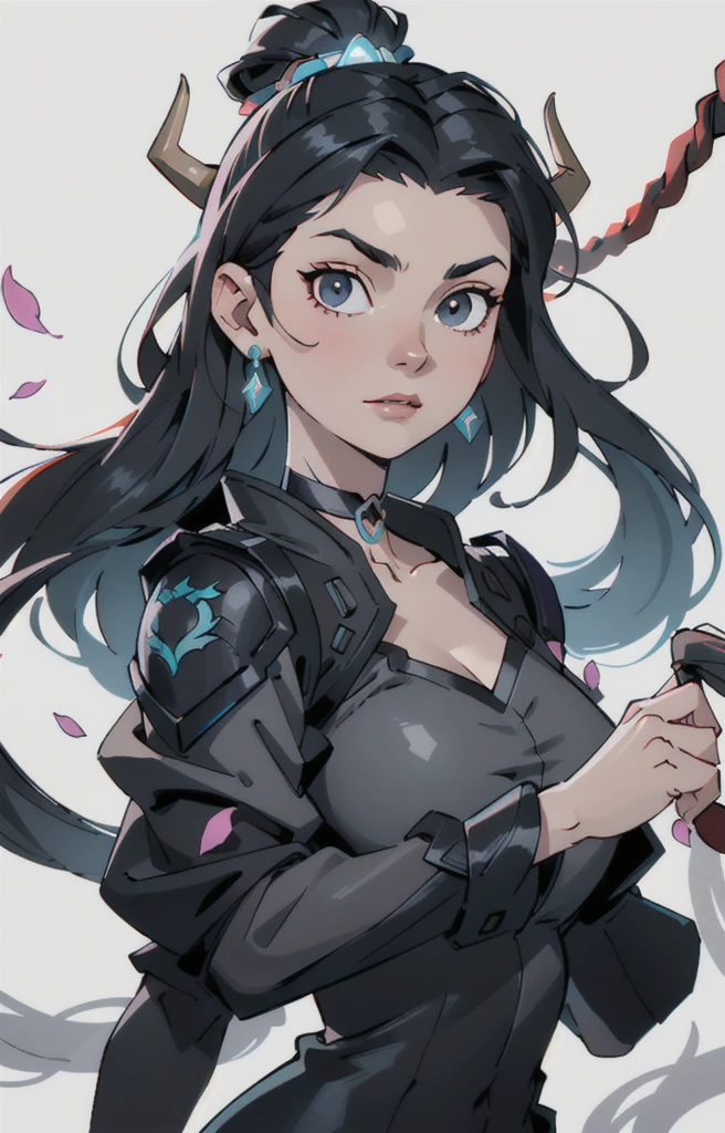 Seven Rhaeyar (Deylta), Ancient Star goddess, Perfect female anatomy (Royalty, Adult Female, 166cm in height, Cool pale skin, slim, slender, 34D breast size, Long Jet Black Hair, Gray Colored Iris , a set of Jet black colored horns on her head), Neutral facial expression, Elegant black uniform dress, female choker accessory with silver complimentary jewelry, dragon motifs, Black rope accessories, Simple Background, receiving light from the front, the focal point is her face, Ethereal glow, Blue Rose petals falling, Japanese inspired, bring her very close up, face image, detailed features, high quality resolution, shoulder up portrait