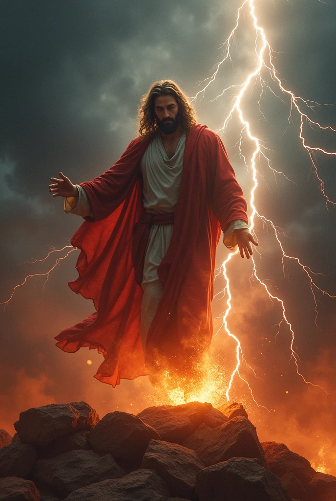 Make Jesus Christ stepping on the devil with lightning realistic