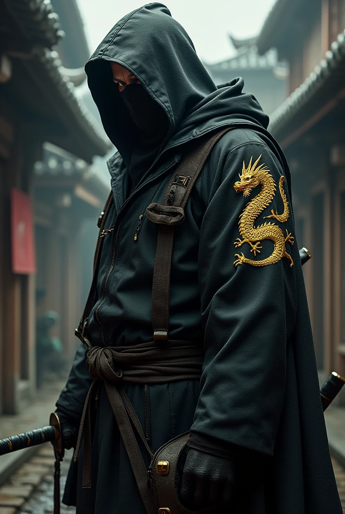 naughty man, ninja, doctor, Mediovale, on the arm a dragon symbol in red, black japanese, without cover, with a katana at his waist, and a small bag on the leg, covered by a black and gold cloak glued