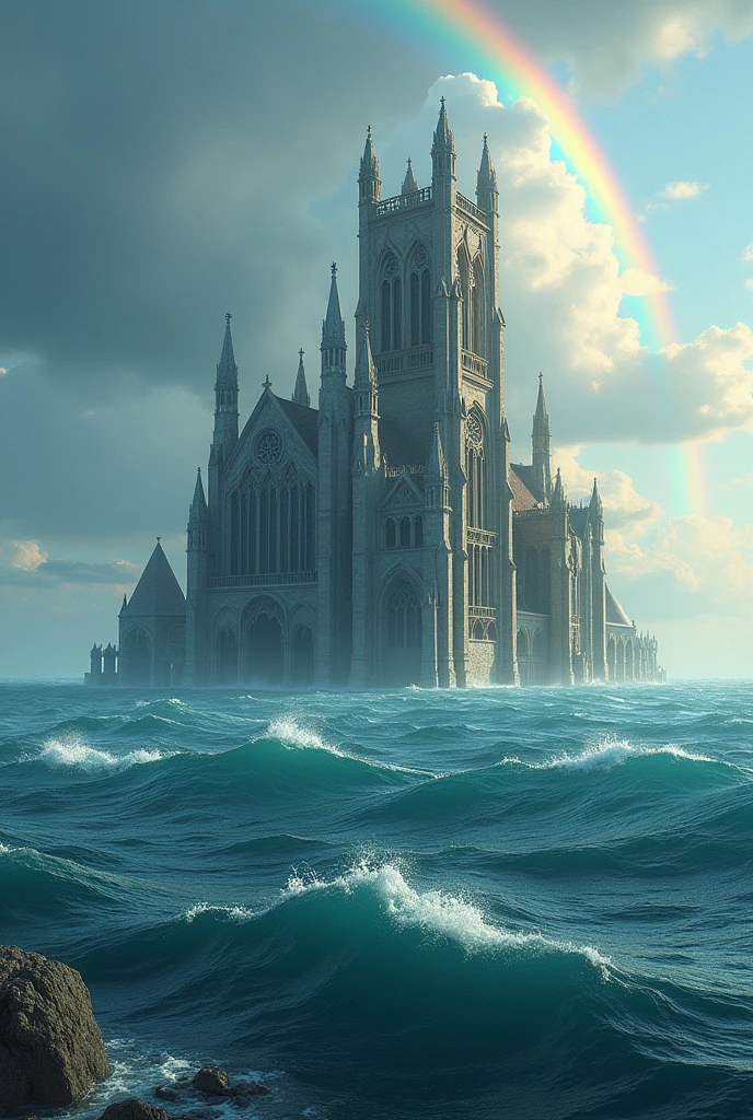 an immense sea that has an ancient church with rainbows