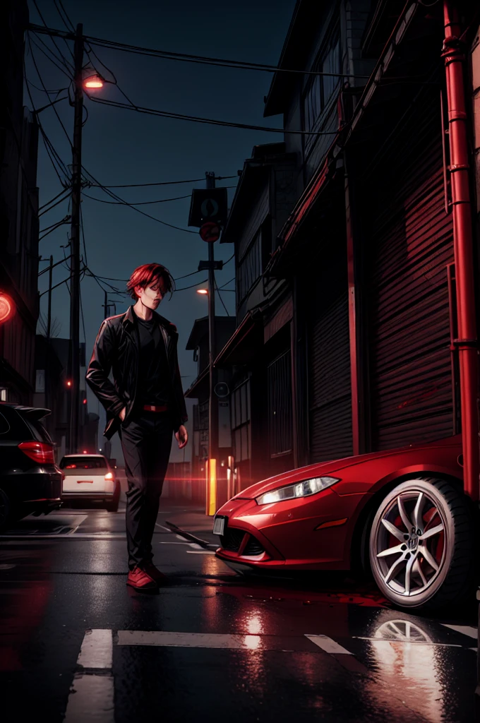 A 25-year-old man is lying motionless on the street, with blood pooling from a head injury, indicating a recent accident. A car is parked nearby, its red taillights glowing ominously in the fading light of the evening. The road is slick with blood, reflecting the eerie red glow. The man is dressed entirely in black—his shirt, pants, and shoes blending into the dark, wet pavement, emphasizing the grim scene. The atmosphere is heavy with the aftermath of the accident, as the day transitions into night, adding a sense of tragedy and solemnity to the moment.