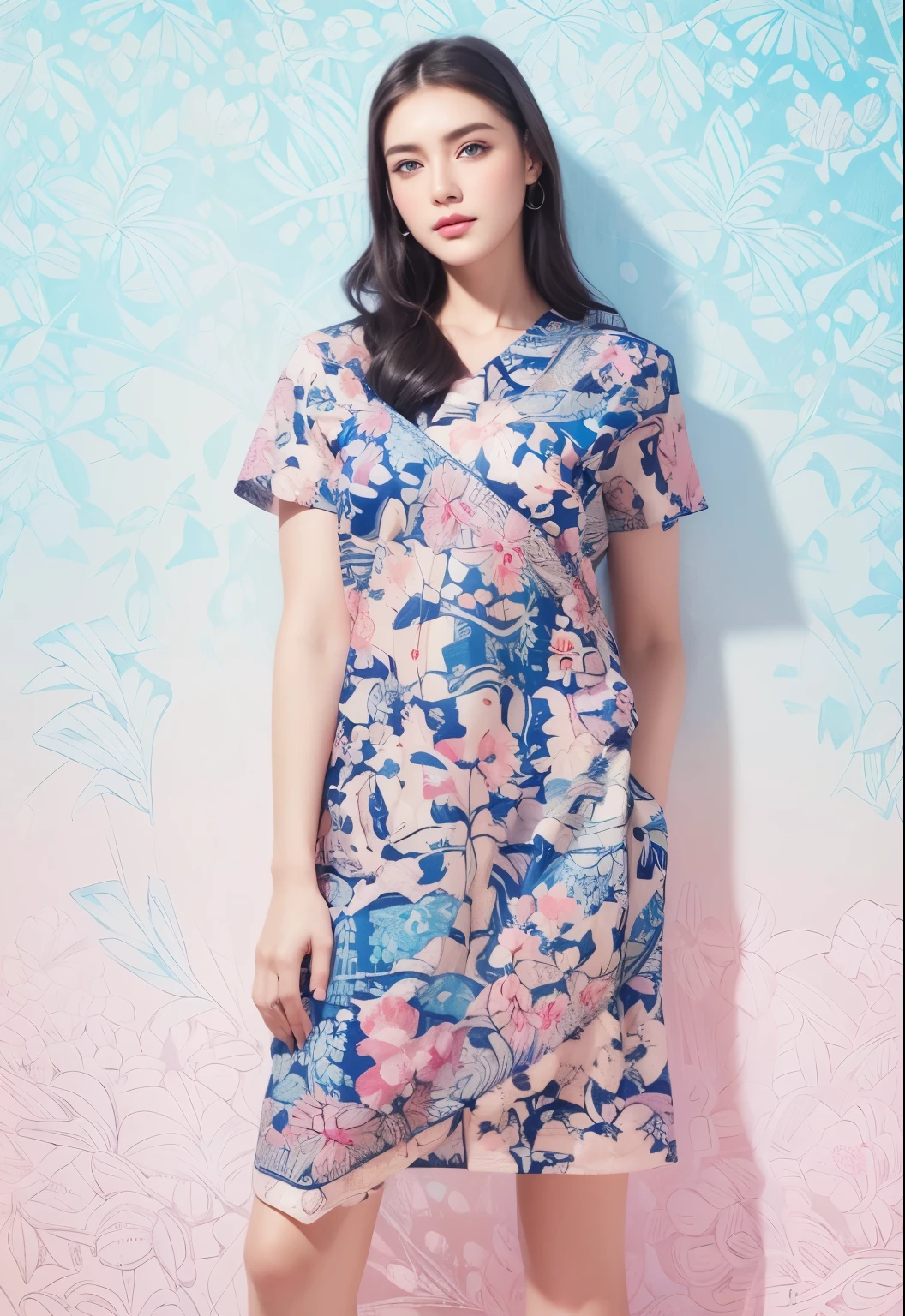 (masterpiece), (best quality), (digital painting), beautiful woman, thick eyebrows, blue eyes, curled eyelashes, facial details, long hair,, (white blue pink batik shirt cloth_ patterns), short skirt step patterns batik design, fabric art, flat illustration, Vector, 4K, Art station shop street background, Highly detailed, intricate, 8k octane rendering