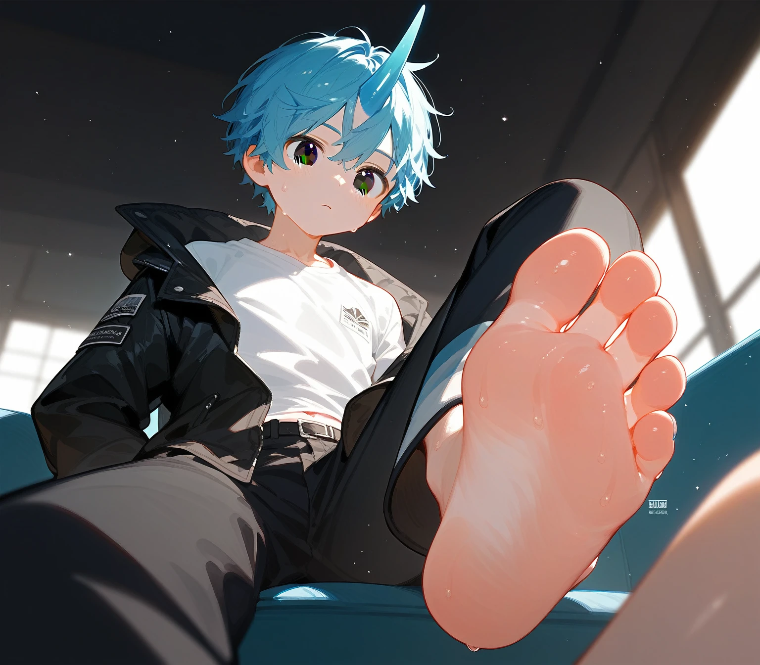 wallpaper,A cute boy sitting on his belly showing his feet，barefoot，这个男孩有一头蓝色的短发和black eyes，There is a blue horn on the head，black eyes，White T-shirt，Black jacket and black pants，best quality, Very detailed, masterpiece, Extremely detailed, illustration,Foot Focus，Sweating on the soles of the feet，Detailed background，Detailed toes ，Five toes，Correct feet，Sitting on another man&#39;s belly，There is a man&#39;s head under my feet