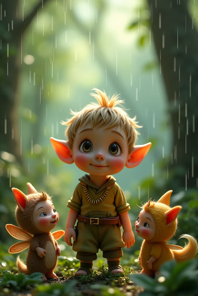 A tender little elf enjoying the rain with his friends, (best quality,4k,8k,highres,masterpiece:1.2),ultra-detailed,(realistic,photorealistic,photo-realistic:1.37),fantasy,fairy tale,whimsical,adorable elf,detailed face,big eyes,cute smile,rain,umbrella,forest,lush greenery,magical atmosphere,vibrant colors,warm lighting