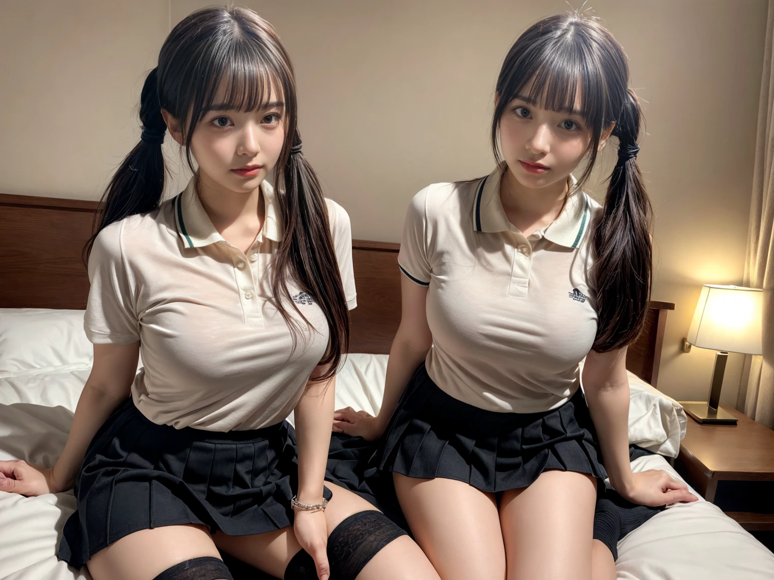 masterpiece, best quality, illustration, Super detailed, fine details, High resolution, 8K,wall paper, perfect dynamic composition,(Details High quality, realistic depiction of eyes:1.3), (2 girls), (collared polo shirt), pleated skirt, knee high socks, twin tails, sitting, open legs, in a hotel room in the background, deep on field, large breasts, black hair color, Big Natural Color Lip, (perfect body shape), crying a little、Harajuku style、20 year old girl、cute type、beautiful legs, Gravure Idol