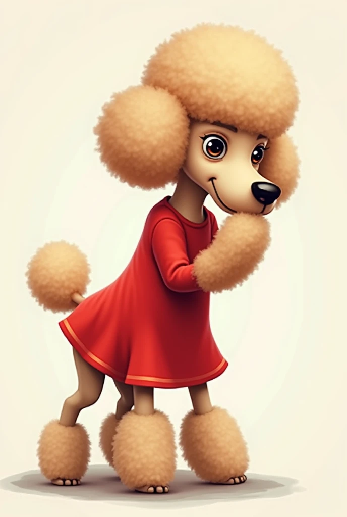 A poodle barks with its paw on its face, a red dress and serious 