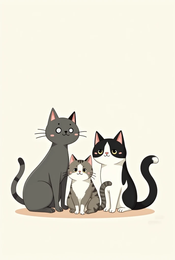 A big, not very chubby gray cat, a medium gray and white mixed cat, a big black and white cat, Cute drawing