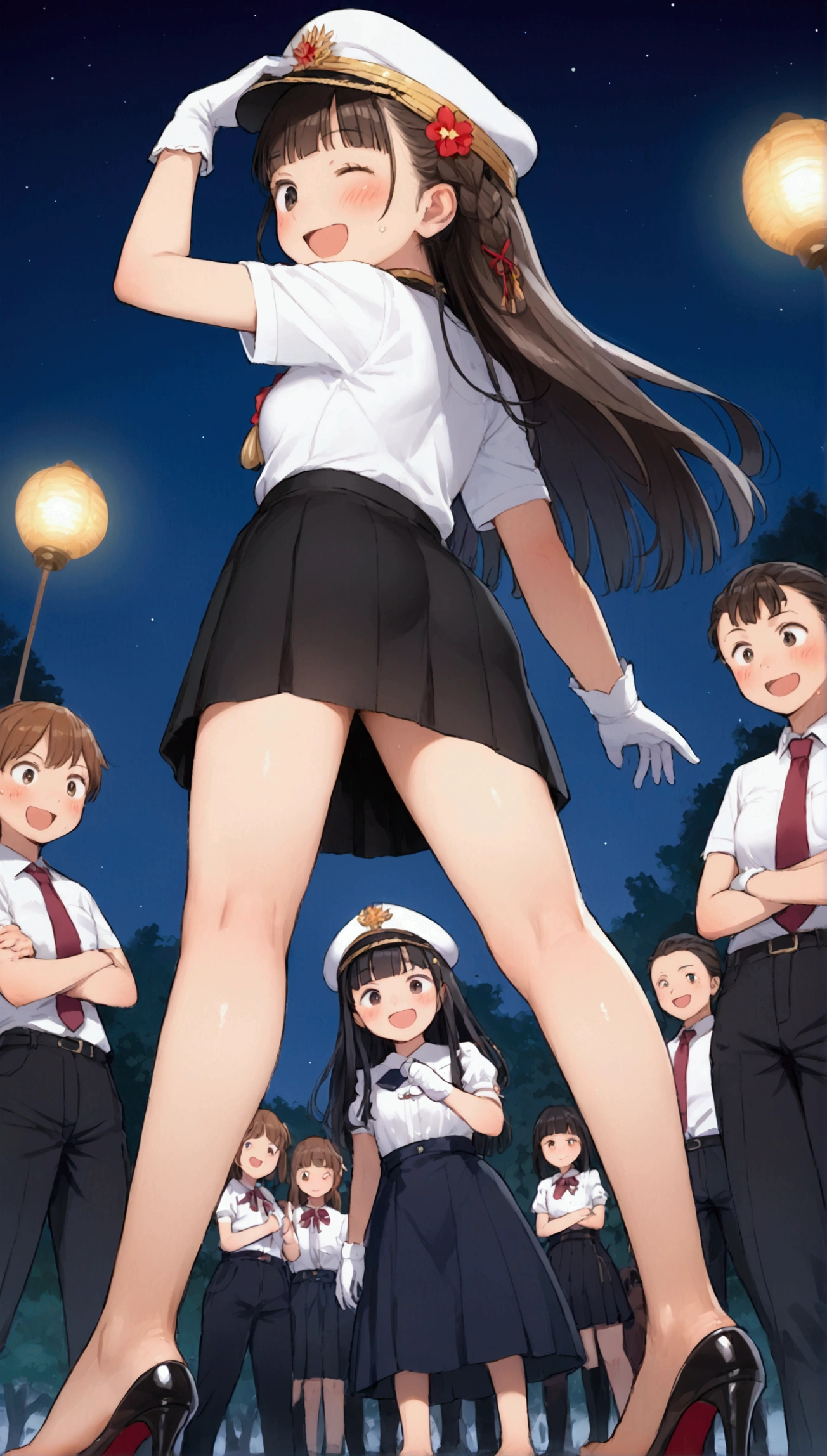 {Highest quality}, {Super beautiful},{Ultra fine},{Best illustration},Brown Hair,Hime cut,long hair,Braid,One woman,Standing Woman,Strike a pose,Adult women,smile,Excited face,Wink,Uniform cap,White Shirt,Short sleeve,long black skirt,White gloves,Night Festival,Blushing,Slender,Black stiletto heels,barefoot,From an angle,From below,Leaning forward,Spread your legs,Back view

