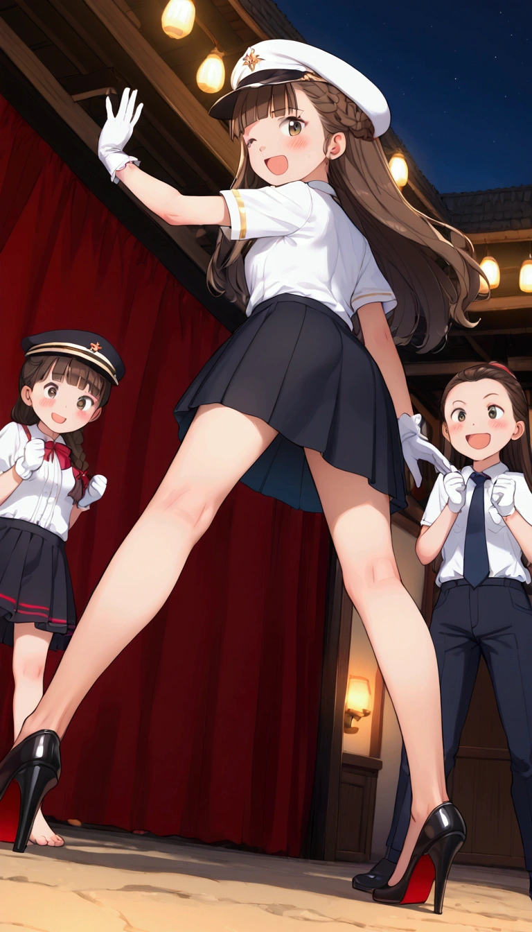 {Highest quality}, {Super beautiful},{Ultra fine},{Best illustration},Brown Hair,Hime cut,long hair,Braid,One woman,Standing Woman,Strike a pose,Adult women,smile,Excited face,Wink,Uniform cap,White Shirt,Short sleeve,long black skirt,White gloves,Night Festival,Blushing,Slender,Black stiletto heels,barefoot,From an angle,From below,Leaning forward,Spread your legs,Back view