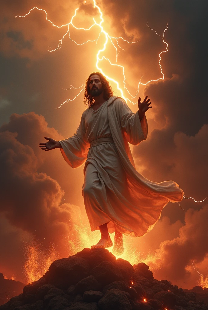 Make Jesus Christ stepping on the devil with lightning realistic