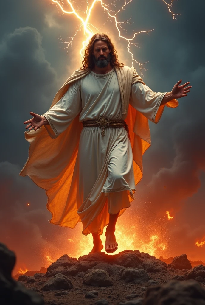 Make Jesus Christ stepping on the devil with lightning realistic