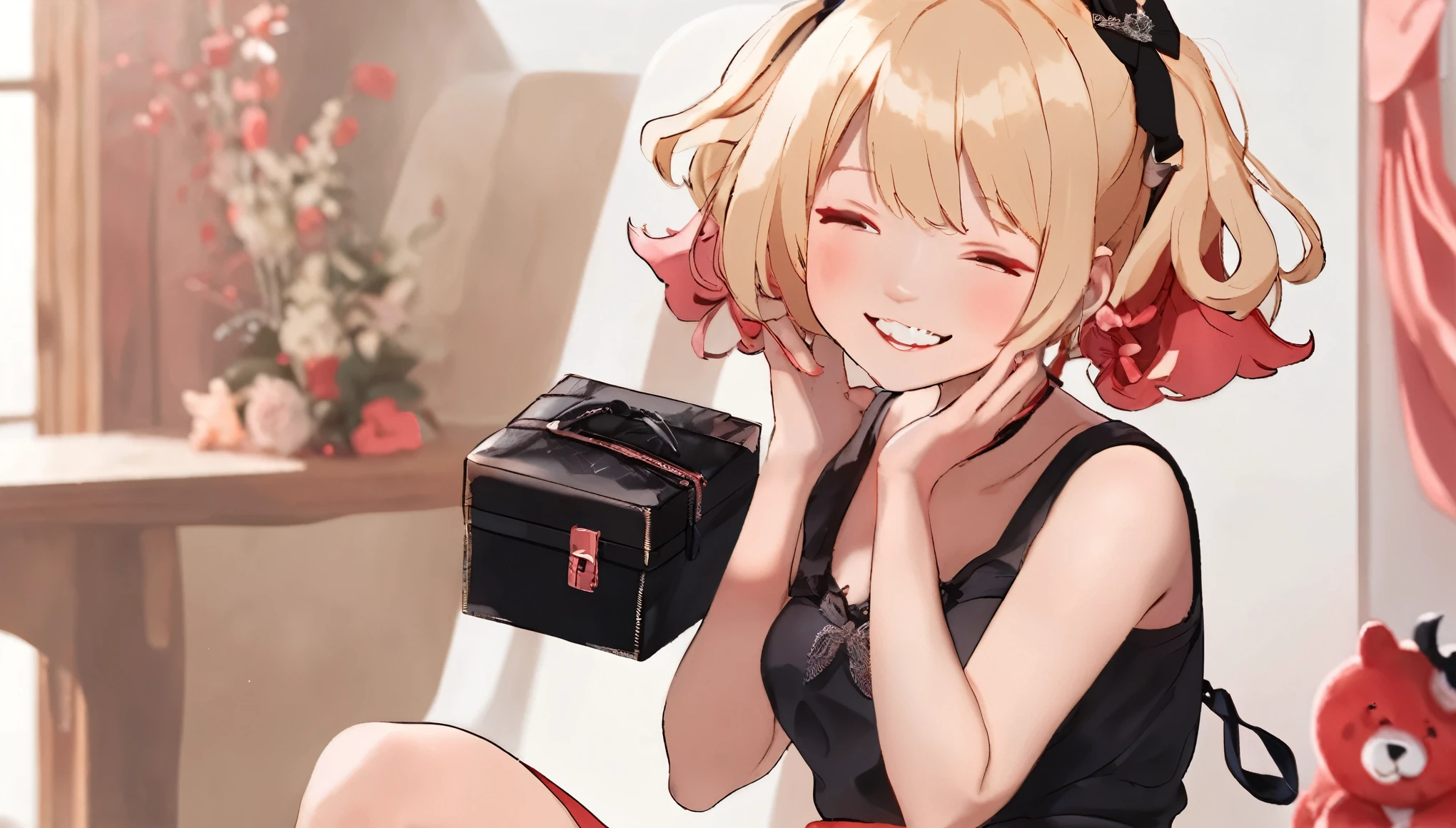 A girl with impressive blonde hair、hair ornaments、Short Bob、Black Pantyhose、No sleeve、hot pants、smile、Cute shoes with accessories、Red Hairband、Dynamic pose