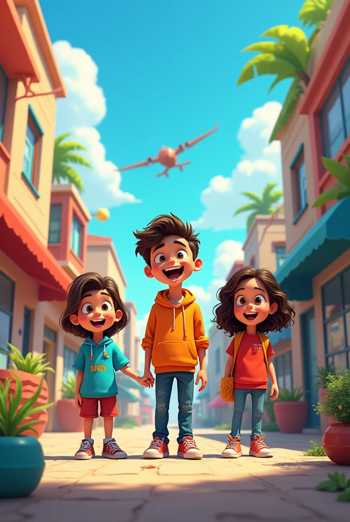 Create a funny 2D cartoon, interesting, that they are 3 friends who are the main characters and around several secondary characters and that they have a great story in full HD