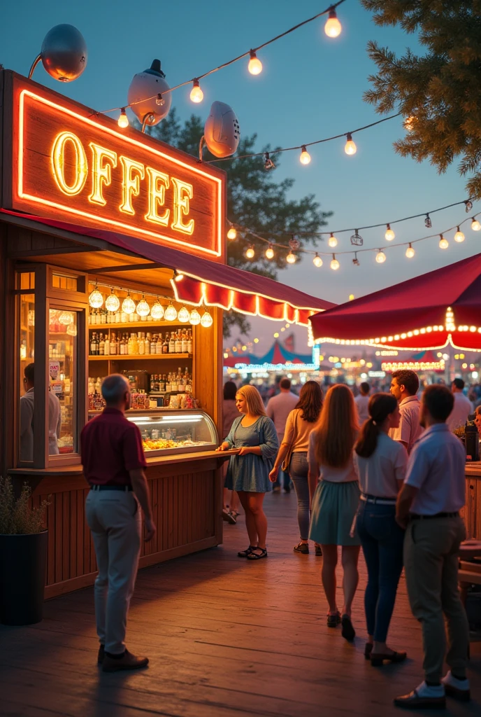 A fair with a corner coffee shop that uses one side of it as an area to take memorable photos for customers.