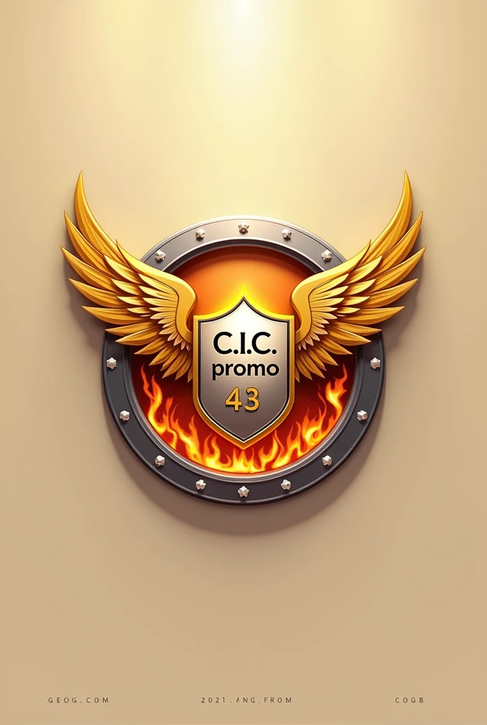 Bachelor's logo in beige background color and silver details with a shield with golden wings surrounded by fire and inside the logo it says C.I.C promo 43