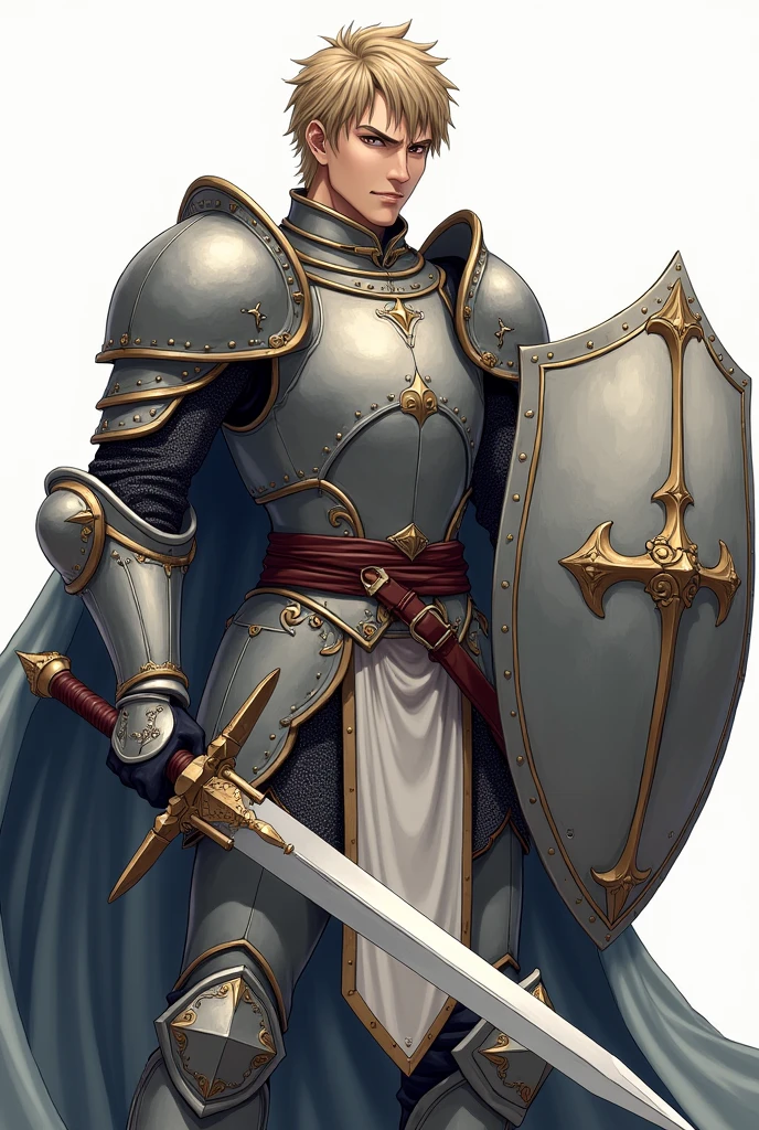 Anime 25 years old male paladin with a determined expression, wearing detailed silver armor and brandishing a sword in a hand and a large shield in the other, the armor its heavy and he wears a helmet