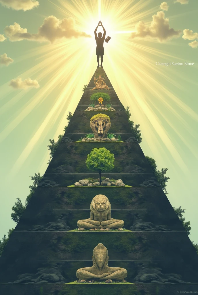 For the drawing, You can make a pyramid or mountain divided into levels. At the base, draw rocks or minerals (inanimate matter); on the second level, plants (plant life); in the third, animals (animal life); in the room, a human being with a book (rational life), and at the top, a human being praying or meditating (spiritual life). Add an up arrow connecting the levels, showing progress towards spirituality, and at the top, symbols of God such as a ray of light or a triangle. Label each level for clarity.